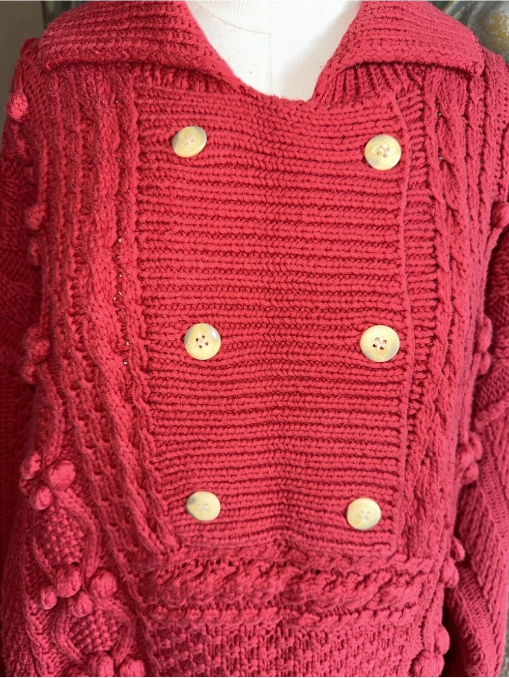Vintage Gaeltarra Ireland Red Cotton Cable Knit Sweater Medium Irish Chunky - Picture 2 of 11